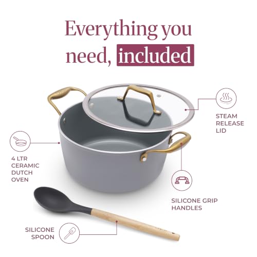 Image of Asai Ceramic Dutch Oven 24cm (4L) with Glass Lid & Silicone Spatula | Grey | Procera Swiss Ceramic Non-Stick Coating | Induction, Gas & Electric Compatible | Stay-Cool Handles | Lab Tested