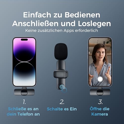YRF Mikrofon für iPhone Android Handy, Kabelloses Lavalier Mikrofon, Plug&Play mini mikrofon 2,4GHz, USB-C&Lightning, Clip Mikrofon für Videoaufnahmen, TikTok, Vlogging, Interviews&Online-Unterricht