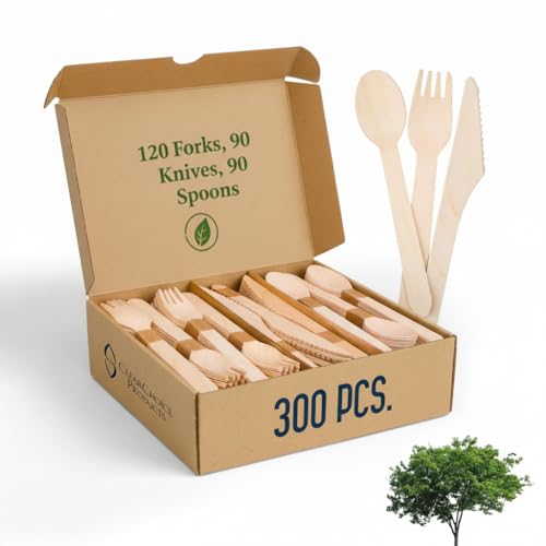 Compostable Cutlery Set - 300 PCS Wooden Cutlery [120 Forks, 90 Spoons, 90 Knives] - Eco-Friendly Wooden Biodegradable Utensils - Compostable Forks and Spoons - Disposable Cutlery Set Party Utensils