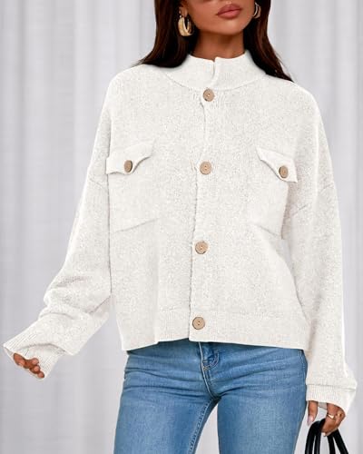 KIRUNDO Cardigans for Women Trendy Button Up Sweater Jackets Mock Neck Long Sleeve Loose Fit Chunky Knit Outwear Coats(White, Medium) — view 3
