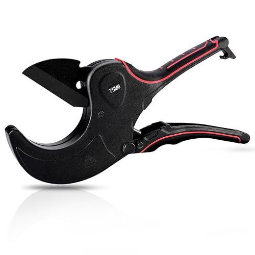 PVC Pipe Cutter Tool, Heavy-Duty PVC Pipe Cutter 3 Inch, 75mm Plastic Pipe Cutter with SK5 Blade and Aluminum Alloy Body, Ratcheting Pipe Cutter and PVC Cutters for PEX, PPR, Hoses and Plumbing Pipes