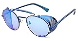 Flowertree STY056 Metal Frame Mesh Fold-in Side Shield Round 52mm Sunglasses (C4-blue+blue, 0)