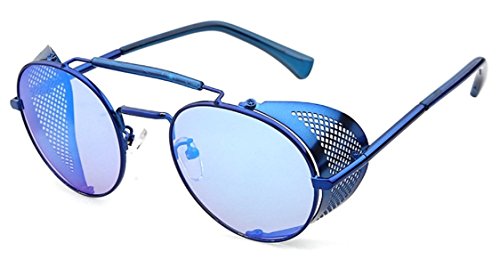 Flowertree STY056 Metal Frame Mesh Fold-in Side Shield Round 52mm Sunglasses (C4-blue+blue, 0)