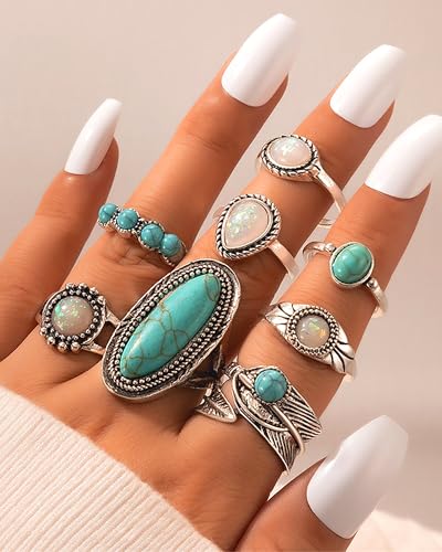 MJartoria Native American Bohemian Feather Charm Handmade PU Leather Choker Necklace Turquoise Set2