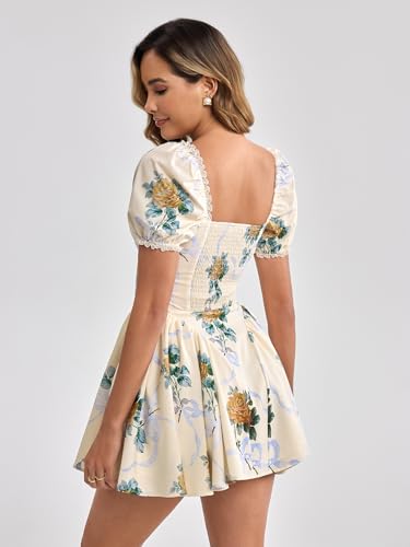 Image of Parthea Women's Floral Square Neck Mini Dress Lace Puff Sleeve Off Shoulder Smocked Flowy A Line Summer Dresses for 2026