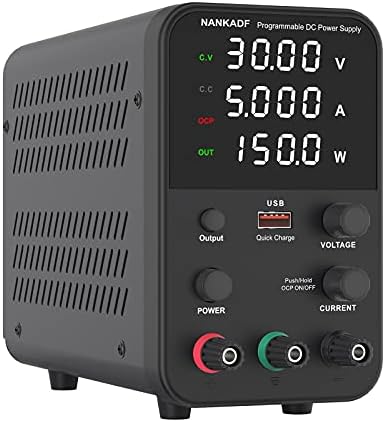 DC power supply (0-30V,0-5A) adjustable, switching power supply, mini high precision 4-digit display with USB fast charging interface, variable lab bench power supply, output on/off/encoder knob