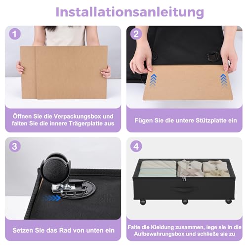 Babenest Unterbettkommode mit 6 Rollen, 2 Stück Faltbare Unterbett Aufbewahrungsbox mit Klarer Deckel Reißverschluss, Under Couch Bettkasten Schuhe, Kleidung, Spielzeug Storage Boxs (Schwarz)