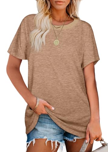 Short Sleeve Summer Womens Blouses and Tops Dressy Crew Neck Fashion Tee T Shirts Brown XXL