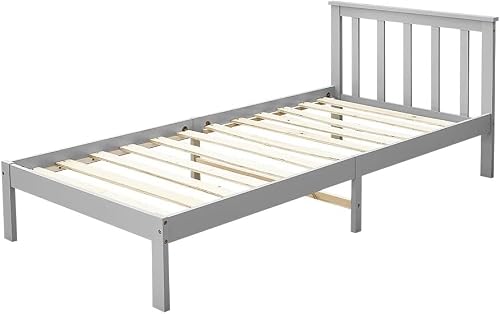 Image of Panana Single Bed, 3ft Bed Frame, Solid Pine Wooden 190 x 90 cm, with Headboard, Low Foot End, Bedroom Furniture (Grey, 3ft Single)