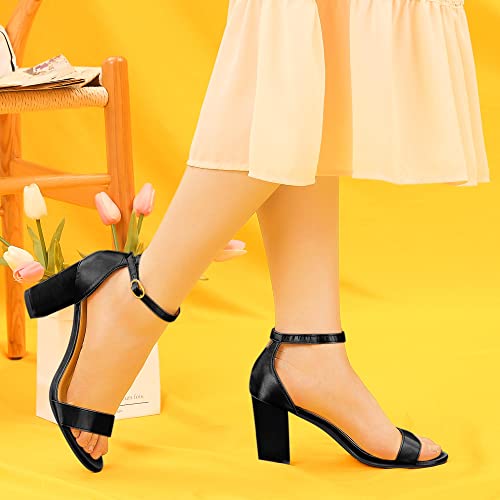 Allegra K Allegra K Women's Satin Open Toe Ankle Strap Chunky Black Heels Sandals 7 M US