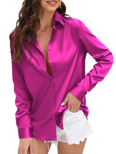 CUNLIN Womens Soft Satin Silk Leopard Button Down Shirts for Women Silky Long Sleeve Work Shirt Dress Blouses Tops