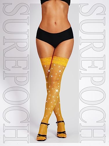 Image of SUREPOCH Sparkly Rhinestone Fishnet Thigh High Stockings for Women Silicone Lace Top