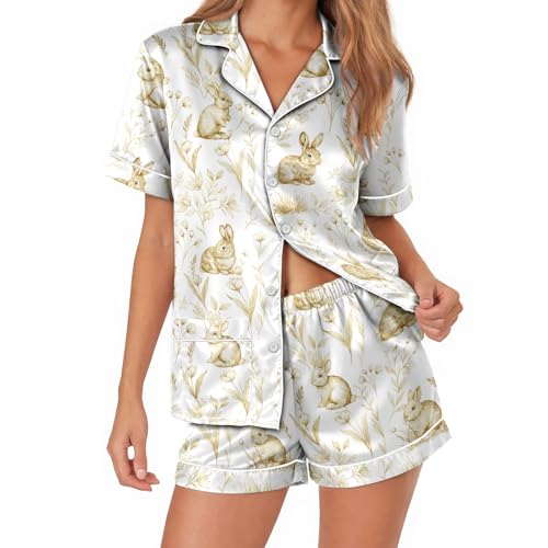 ELUNORUS Womens Soft Silky Satin Pajamas Set Button Down Cooling Loungewear 2 Pcs Sleep Short Pajamas for Mom and Grandma Rabbit Large