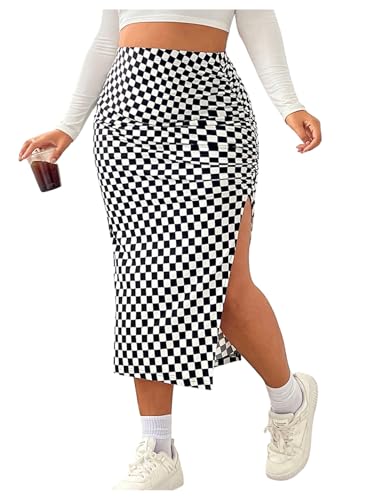 WDIRARA Women's Plus Size Checkered Split Thigh Midi Skirt Ruched High Waisted Bodycon Skirts
