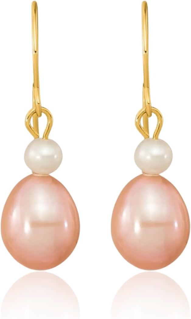IceCarats 14K Solid Yellow Gold 7mm Freshwater Pink Pearl Medium Dangle Earrings Prong Set, Shepherd Hook For Her