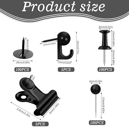 310 Pcs Push Pins Set, Black Thumb Tacks Decorative Push Pins for Cork Board with Push Pin Hook Pushpin Clip 5 Style Office Accessories for Cork Board Map Office (Black)