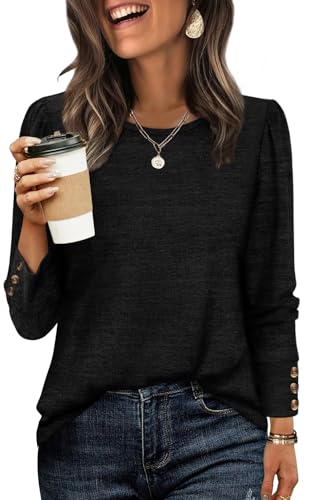 WIHOLL Long Sleeve Shirts for Women Buttons Cuff Tunic Tops Ladies Casual Fall Lightweight Sweaters Fashion 2025 Black Top Size 10-12