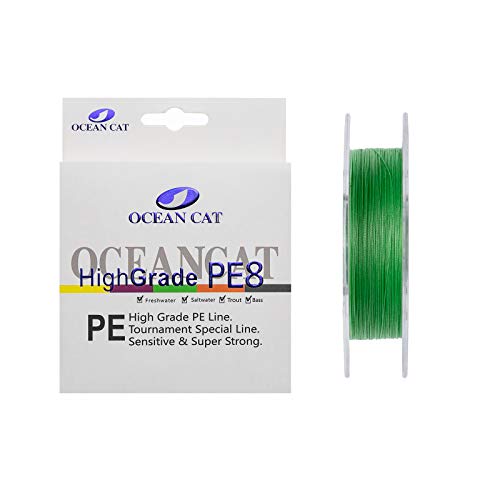 OCEAN CAT 8 Strands PE Braided Fishing Line Zero Stretch Smooth Smaller Diameter Abrasion Resistant Tensile Strength High Performance Fishing Line(Apple Green, 1.5#-20LB(9.1KG)-0.20mm-300Yds)