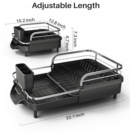 SNTD Dish Drying Rack, Expandable Dish Rack for Kitchen Counter, Stainless Steel Dish Drainer with Drainboard Set and Utensil Holder