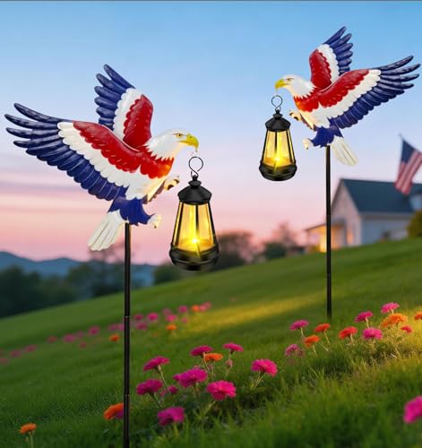 ZFNN 4th of July Decorations Outdoor Solar Lights, Solar Eagle Garden Lights with Lantern, Patriotic Eagle Stake Light for Yard Lawn Garden Patio, Patriotic Decor for Memorial Day Veterans Day 2 Pack by ZFNN - Used condition - US$36.09