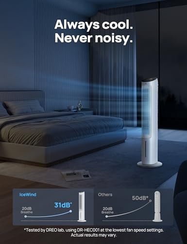 Image of DREO Evaporative Air Swamp Cooler, 40 inch Standing Fans that Blow Cold Air, 80 Oscillating Bladeless Cooling Fan for Bedroom, Removable Water Tank, Ice Packs, Remote Control, 4 Speeds, 7H Timer, White