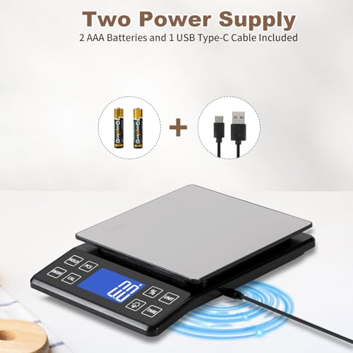 SEMIER Digital Kitchen Scale with 0.1g/0.001oz High Precision, 5kg/11lb Food Bakery Scale with% Percentage Function, Tare Function, USB Rechargeable or AAA Battery Power, Stainless Steel Pan