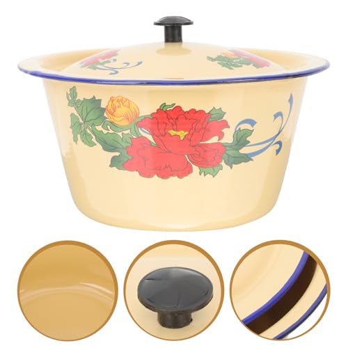NAMOARLY Vintage Enamel Washing Basin with Lid 18cm Retro Porcelain Enamel Bowl Kitchen Storage Pot for Cold Meat and Soup Household Serving Tureen - Thumbnail 5