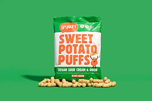 Spudsy Sweet Potato Puffs | Vegan, Gluten Free Snacks | Plant-Based, Allergen-free, Non-GMO, Kosher, Superfood Snack Veggie Chips | Vegan Sour Cream & Onion (2 Pack, 4 oz Bags)