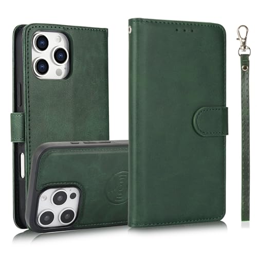 Coque iPhone 16 Pro Max verte étui cuir rabat magnétique fente
