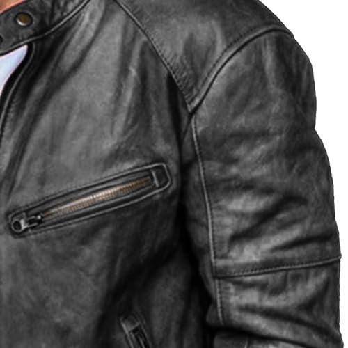 Mens Pu Leather Jacket Vintage Stand Collar Slim Motorcycle Coat Casual Fashion Cafe Racer Jacket3