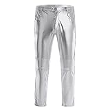 Freebily Herren Lederhose Lange Hosen Wetlook Clubwear Motorradhose Skinny Enge Hosen Legging Glänzend Metallic Freizeithose Silber M