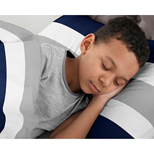 Navy Blue, Gray And White Childrens, Teen 3 Piece Full/Queen Boys Stripe Bedding Set Collection #TOP3