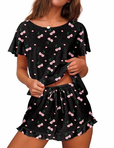 Image of Ekouaer Women's Pajama Set Ruffle Sleeves Top and Short | 2 Piece Ruffle Hem Sleeves Top and Shorts Pjs Set, Soft Short Sleepwear Set, Elastic Waistband Design