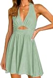 Inorin Womens Summer Sleeveless Halter V Neck Backless Cut Out Sexy Casual Party Swing Flared Mini Dress Green