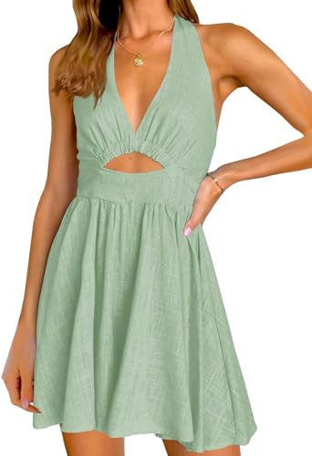 Inorin Womens Summer Sleeveless Halter V Neck Backless Cut Out Sexy Casual Party Swing Flared Mini Dress Green