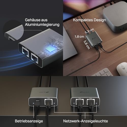 TP-Link EH210 LAN Splitter 1 auf 2 (Gigabit Ethernet Splitter) | inkl. USB-Stromkabel & Cat 5e Netzwerkkabel | Aluminiumgehäuse, Plug & Play, LAN Switch 2 Port