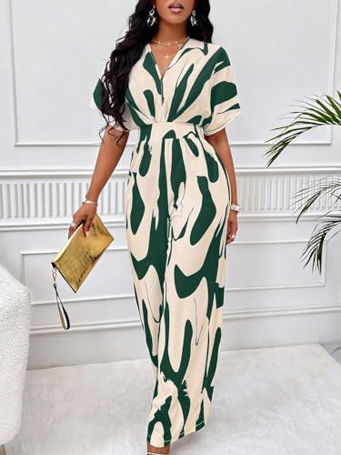 Image of PerZeal Women's V-Neck Short Sleeve Printed Jumpsuit with Pockets - Casual Wide Leg One-Piece Romper for Summer（S-XXL）