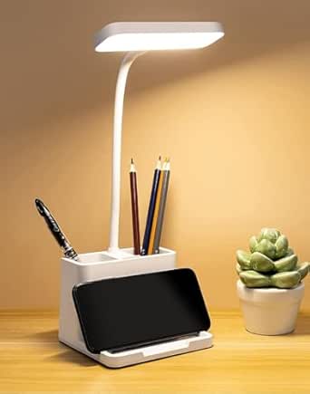 FLYNGO Plastic 3 Color Mode Led Study Table Desk Lamp For Students With Pen &amp; Phone Holder, Rechargeable Touch On/Off Studying (204White)