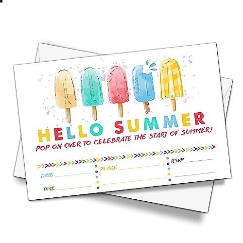 DETIHO 4" x 6" Ice Cream Theme Party Invitation Cards With Envelopes - Hello Summer - 20 Sets Summer Pool Party Invites for Boy Girls - A01
