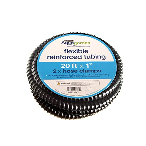 Pennington Aquagarden Aquagarden Flexible Reinforced Pond, 20ft x 1” Internal Diameter, Smooth-bore PVC Pond Tubing, Includes 2 stainless steel Hose Clamps, Corrugated, Tough and Strong