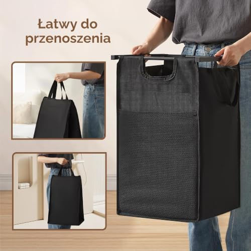 Mondeer Kosz na pranie z kółkami, kosz na pranie, 2 przegródki, metalowa rama, kosz na pranie z półką do przechowywania i przednią torbą do przechowywania, do sypialni, łazienki, 2 x 50 l, 73 x 33 x