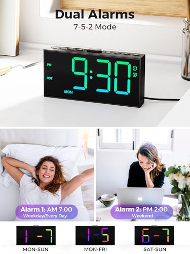 PPLEE RGB Digital Alarm Clock for Bedrooms with Day Display, Loud Dual Alarms for Heavy Sleepers, Plug-in Bedside Clock with USB Charging, Dimmable Large LED Display, Snooze for Kids Teens Boys Girls — view 4