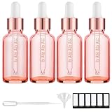 PrettyCare 4 Pack 1oz Dropper Bottles for Essential Oils with Labels, Funnel & Measured Pipettes, 30 ml Leak Proof Rose Glass Essential Oils Bottles- Empty Tincture Bottles for Personal Care & Beauty