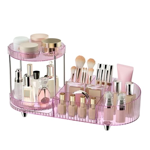 Jywantful 360 Rotating Makeup Organizer for Vanity, 2 Perfume Trays with 5 Compartments Cosmetic & Skincare Storage, Multi-Purpose Countertop Organizers for Bathroom, Desk, Pantry, Space-Saving Beauty Organizer