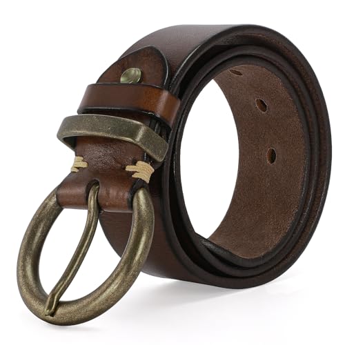 Women's 1.5 inch Leather Belt with Large Brass Buckle - Trendy Vintage Style for Jeans and Pants