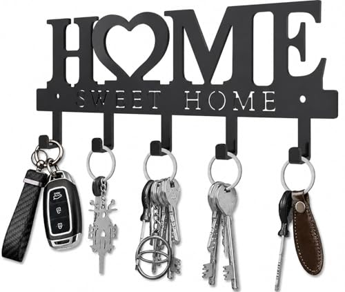 Key Holder Hooks Organizer Hanger Rack Wall Mounted Sweet Home Metal Decor Stylish and Practical for Entryway Front Door Kitchen Hallway Garage Mudroom Office Hardward Included Black (Sweet-two)