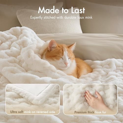 Madison Park Ruched Fur Luxury Throw Premium Soft Cozy Brushed Long Faux Fur For Bed, Couch or Sofa , 50x60" , Ivory - 1