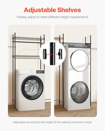 VEVOR Lagerregale für Waschmaschine & Trockner, 4-stufiges Wäscheständer-Gestell mit Kleiderstange und Haken, Zweireihige, verstellbare Waschmaschinenregale, für Lagerung und Organisation schwarz