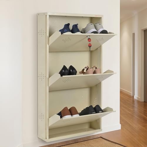 Image of 3 Door Wall Mounted Metal Shoe Rack Cabinet, Ivory, 39x21x6 Inch