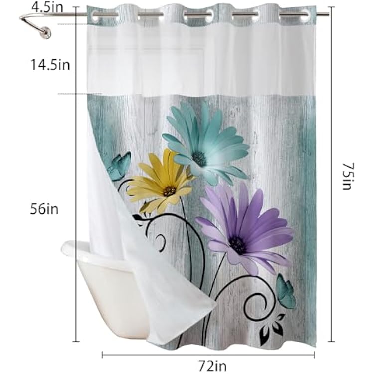 Muuyi Hookless Shower Curtain with Snap in Liner, Farm Teal No Hook Shower Curtains for Bathroom,Shower Curtain and Liner Set for Bathroom Decor,Waterproof & Washable,72W x 75L Inch